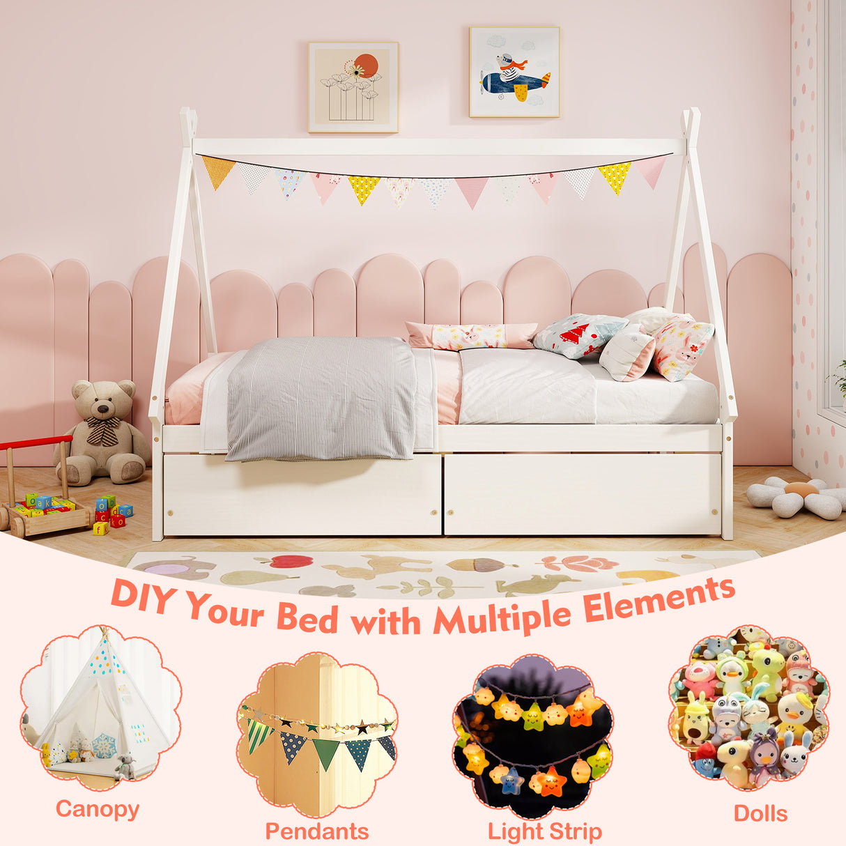 Twin Size Wooden Tent Platform House Bed with 2 Drawers-White