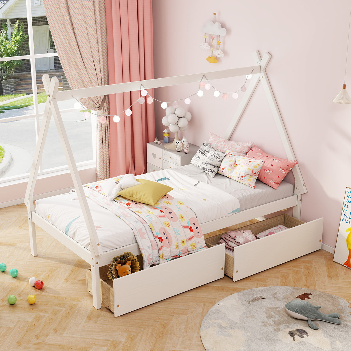 Twin Size Wooden Tent Platform House Bed with 2 Drawers-White