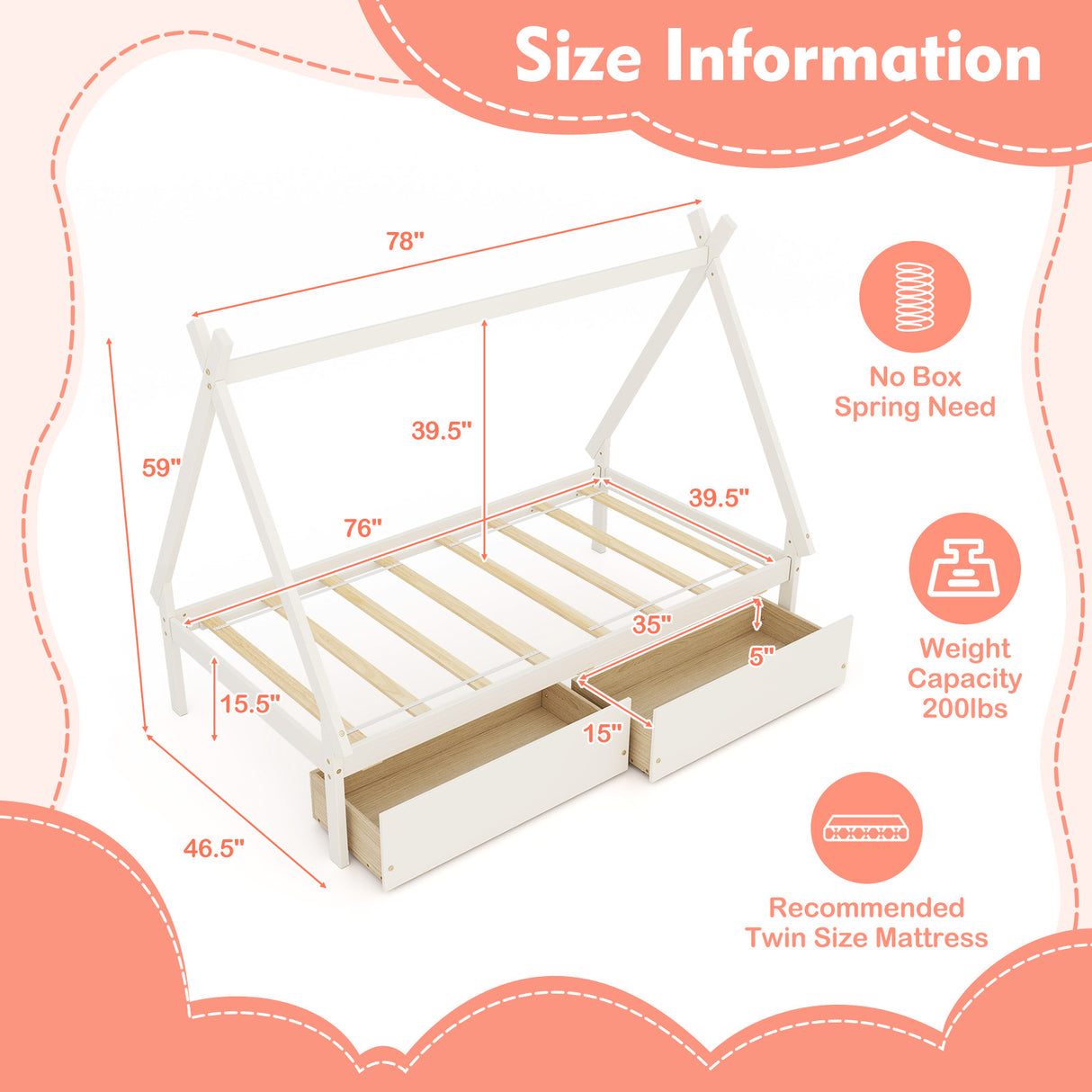 Twin Size Wooden Tent Platform House Bed with 2 Drawers-White