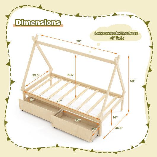 Twin Size Wooden Tent Platform House Bed with 2 Drawers-Natural