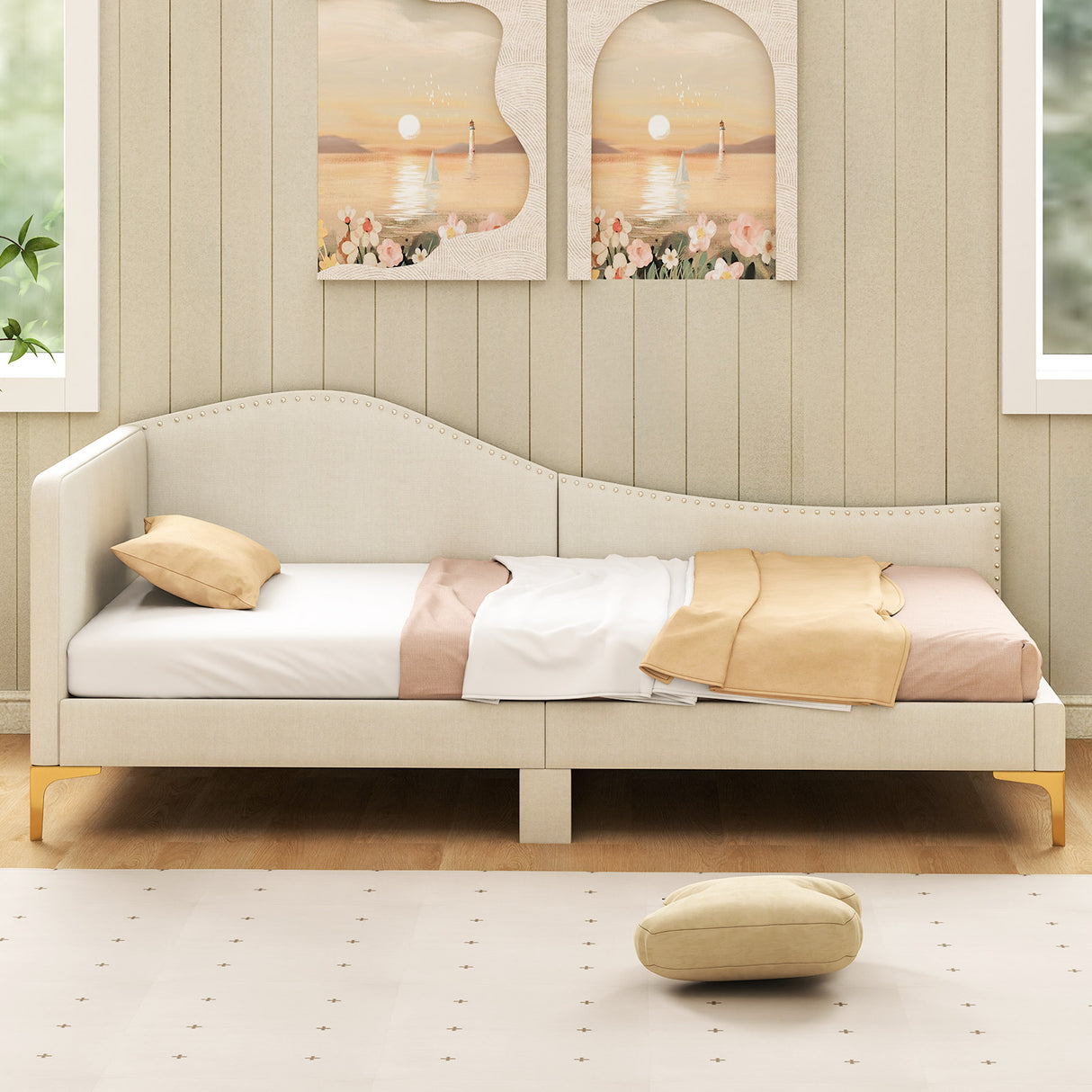 Full/Twin Size Upholstered Daybed with Metal Legs and Wood Slats-Twin Size