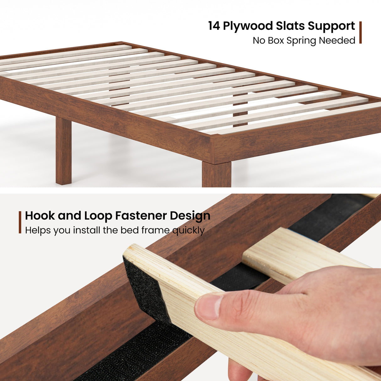 14 Inch Twin Size Rubber Wood Platform Bed Frame with Wood Slat Support-Walnut