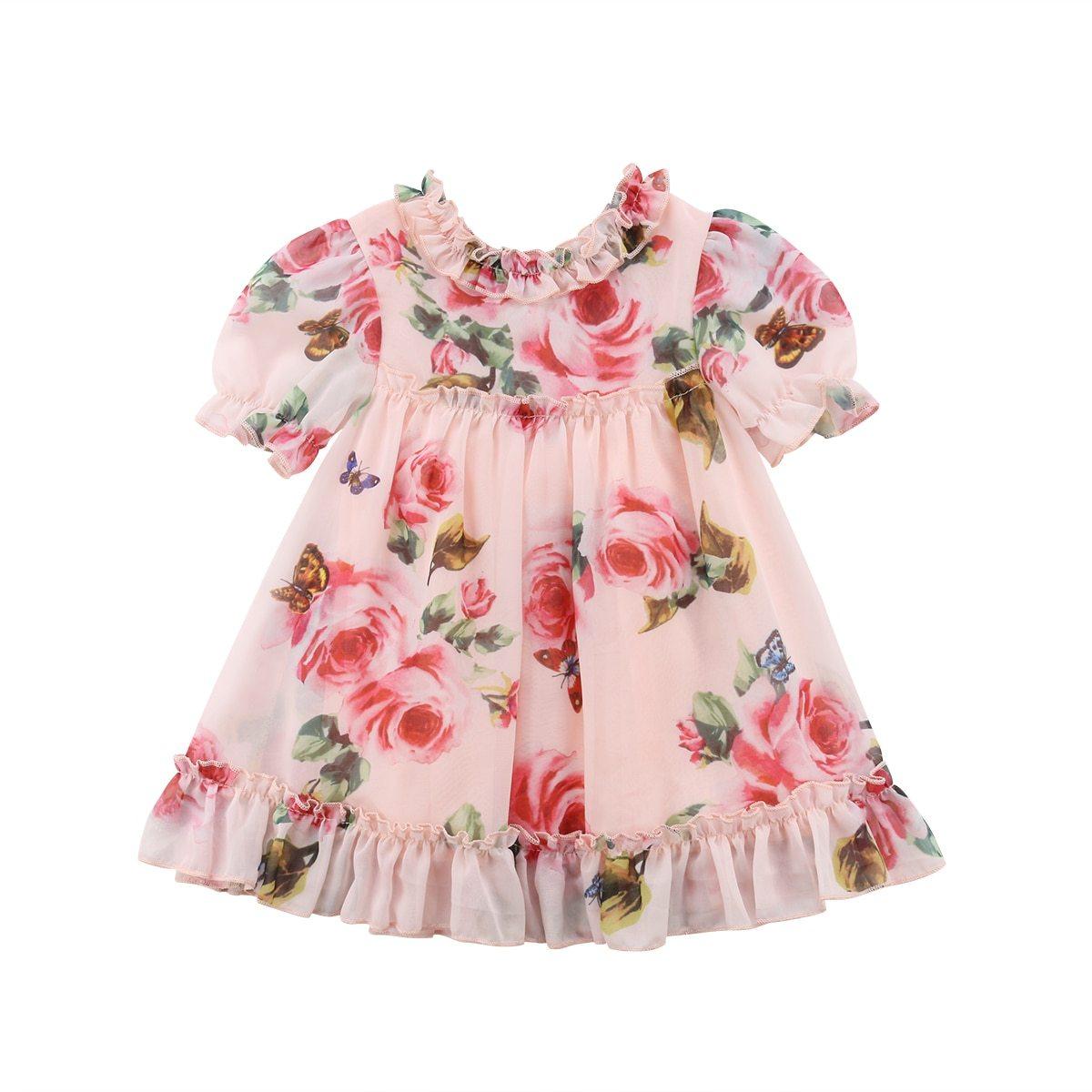 Cute Baby Girls Dress with Flower Puff Sleeves A -line Dress For Baby Girls for Holiday Party