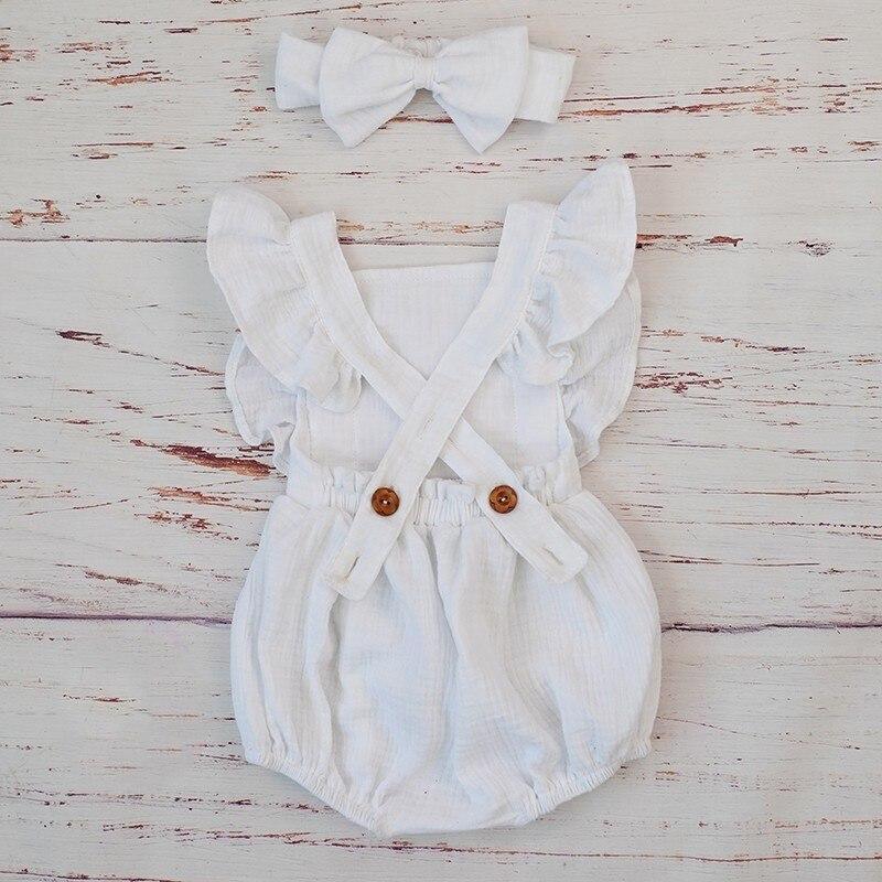 Cotton Baby Girl Double Ruffle Romper Jumpsuit with Headband Playsuit For Newborn With Bow
