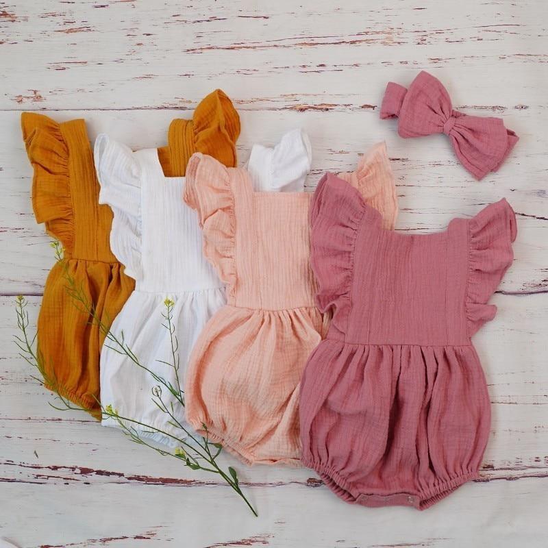 Cotton Baby Girl Double Ruffle Romper Jumpsuit with Headband Playsuit For Newborn With Bow