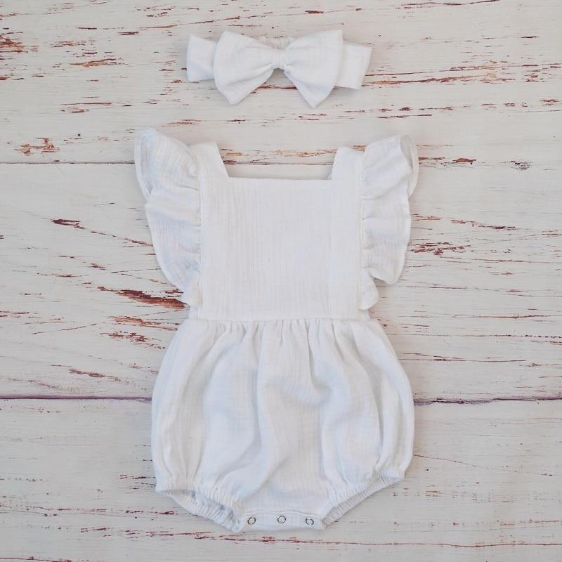 Cotton Baby Girl Double Ruffle Romper Jumpsuit with Headband Playsuit For Newborn With Bow