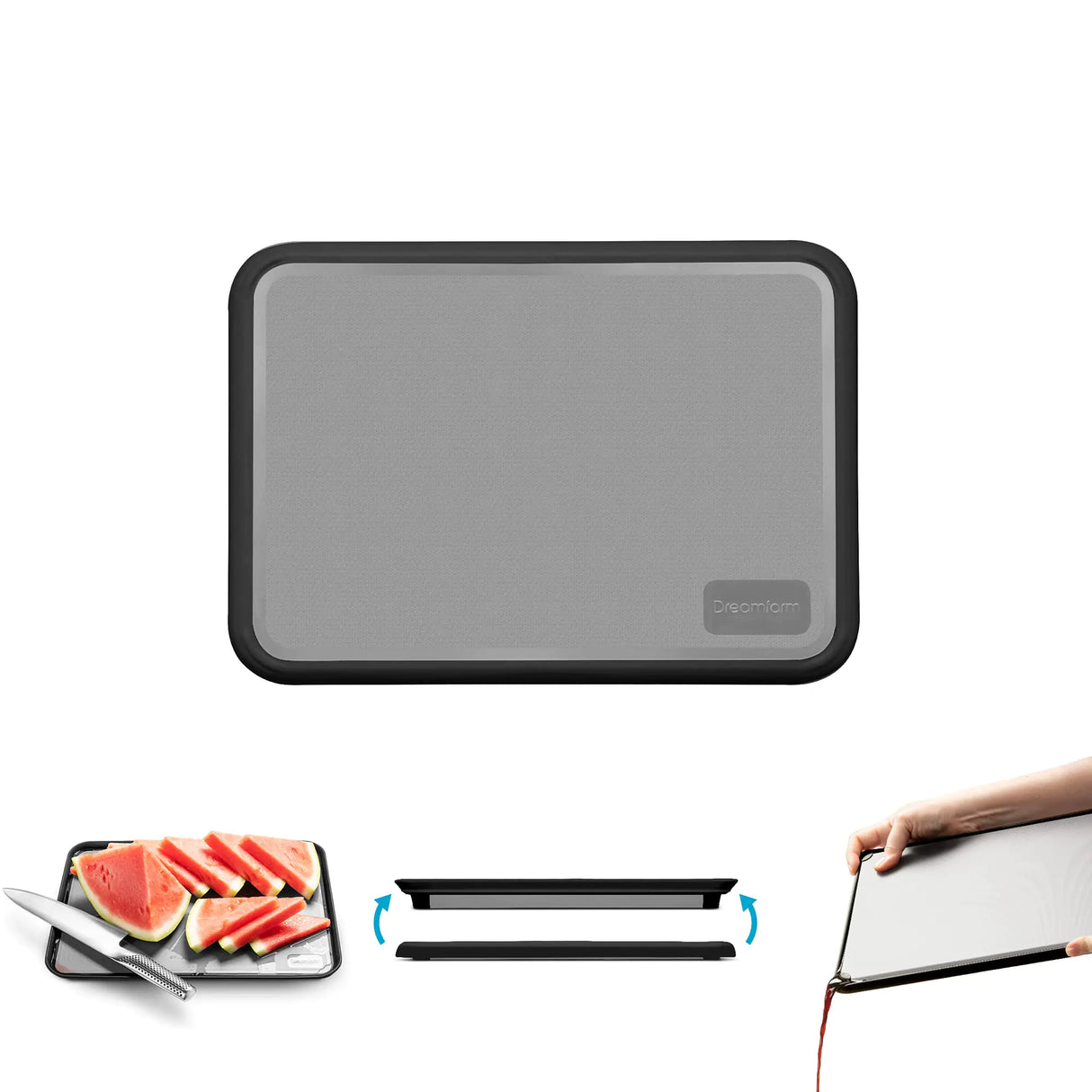 Dreamfarm Fledge Durable Double-Sided Cutting Board with Non-Slip Juice-Catching Flip-Up Silicone Edges - 10"x7" Gray