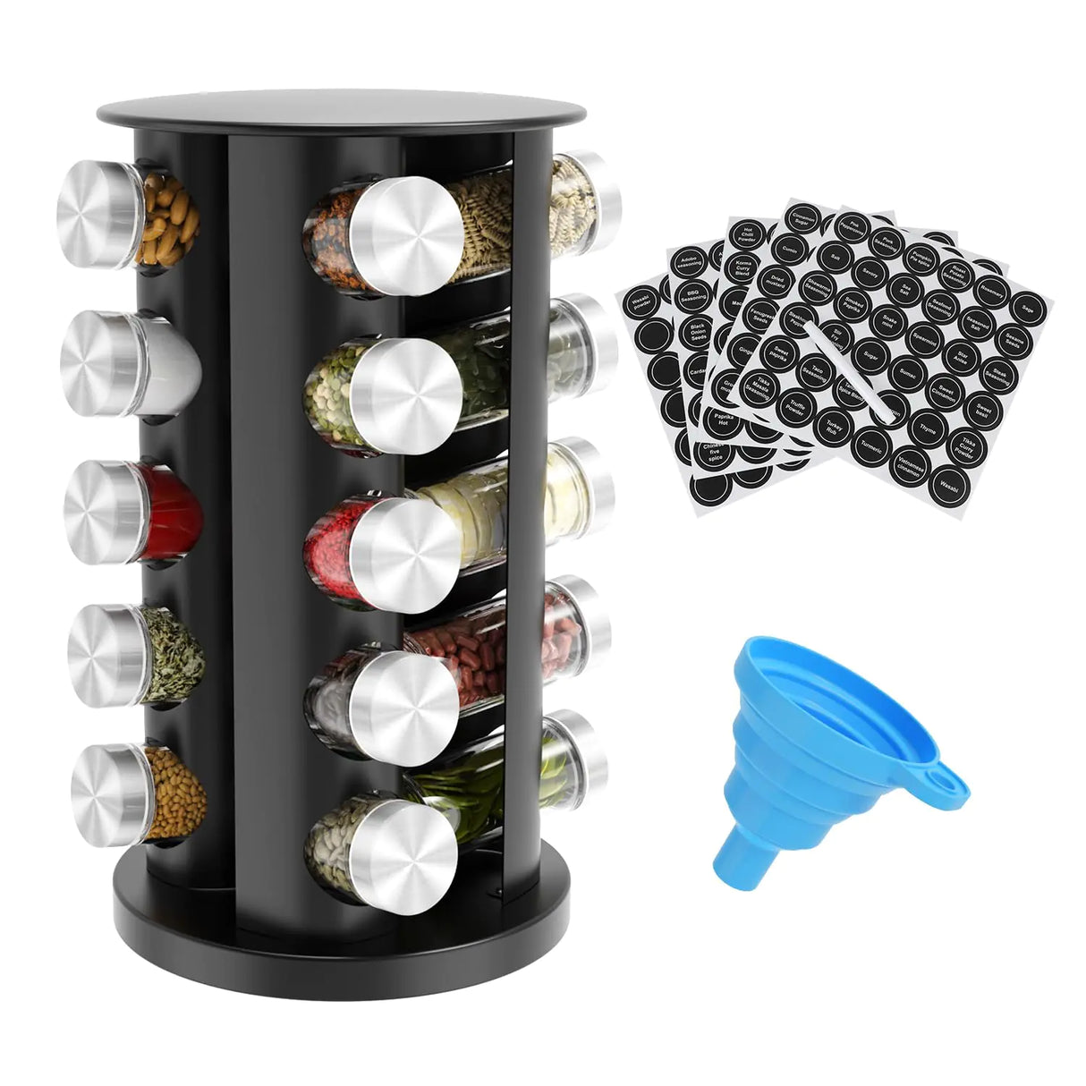 Daiumulti Rotating Spice Rack Organizer Spice Tower for Countertop Revolving Spice Rack Set for Cabinet Black Steel Kitchen Seasoning Organizer with 20 Jars and Funnel