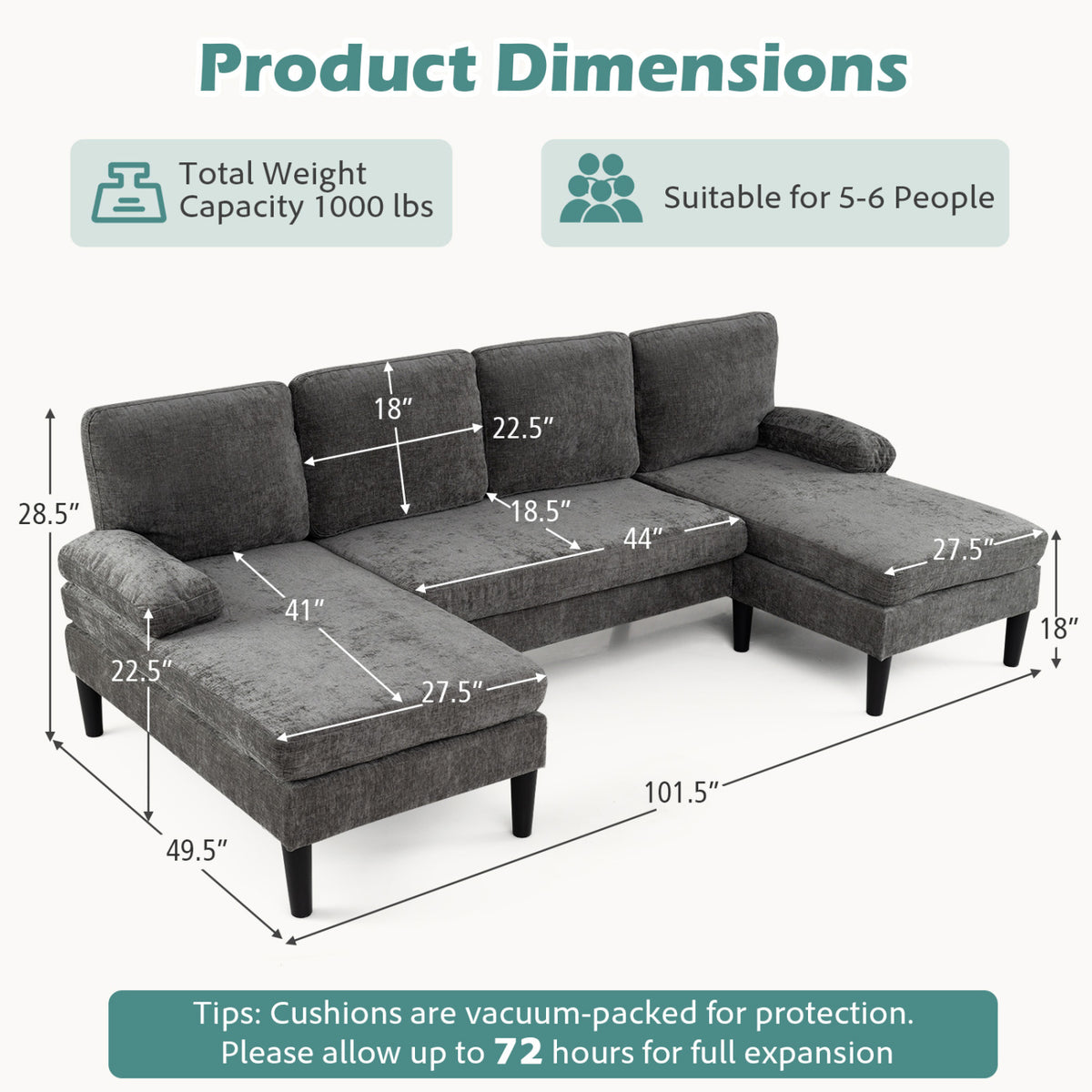 U-shaped Sectional Couch with Double Chaise for Living Room-Grey