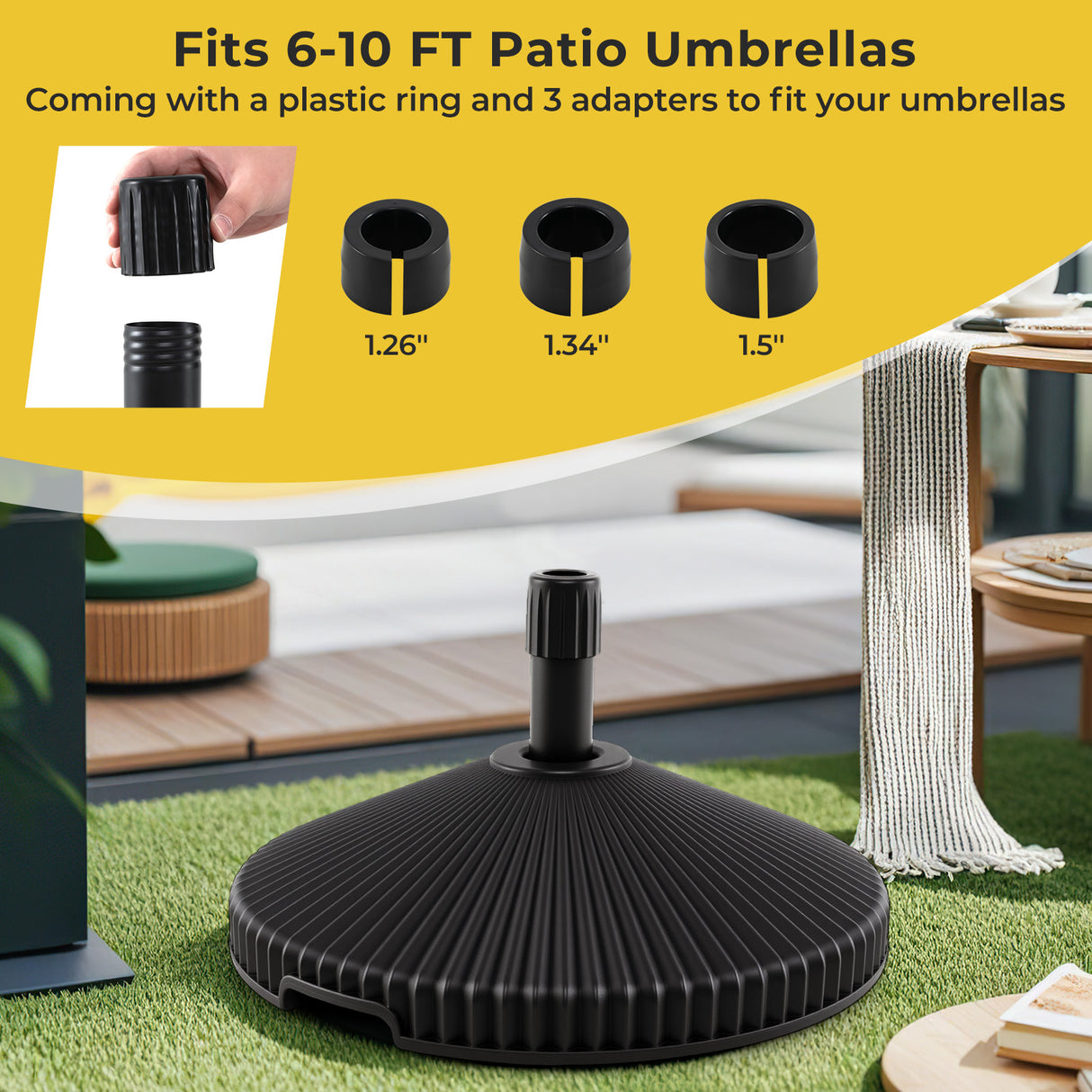 Water and Sand Filled Outdoor Umbrella Stand with Shell Texture and 3 Coupler Sizes-Black