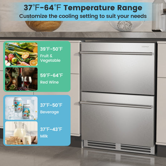 24 Inch Under Counter Dual Drawer Fridge with 37 „‰-64 „‰ Temperature Range-Silver