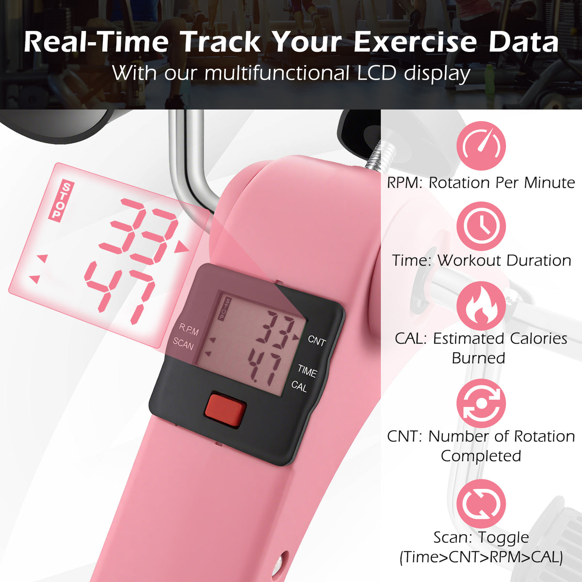 Under Desk Exercise Bike Pedal Exerciser with LCD Display for Legs and Arms Workout-Pink