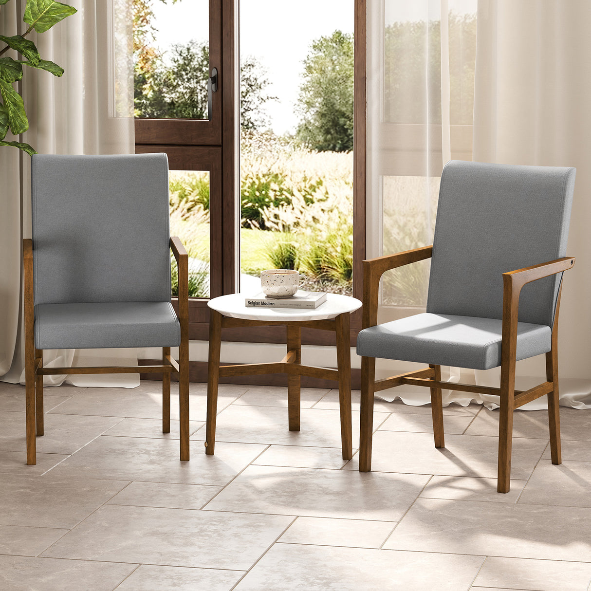Upholstered Accent Chairs Set of 2 with High Back and Solid Wooden Frame-Gray