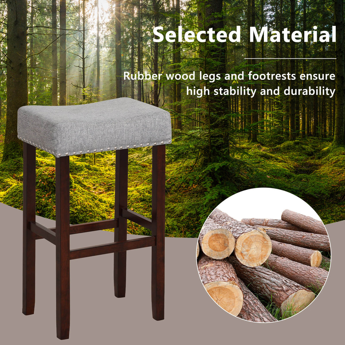 29 Inch Set of 2 Height Upholstered Bar Stool with Solid Rubber Wood Legs and Footrest-Gray