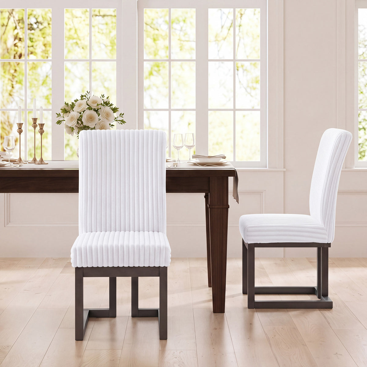 Upholstered Dining Chairs Set of 2 with Rubber Wood Legs and Padded Seat for Dining Room-White