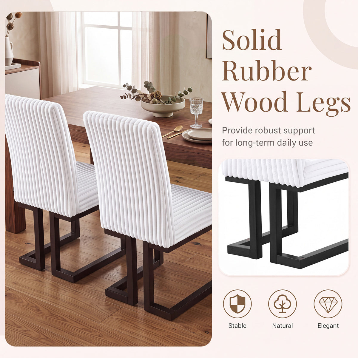 Upholstered Dining Chairs Set of 2 with Rubber Wood Legs and Padded Seat for Dining Room-White