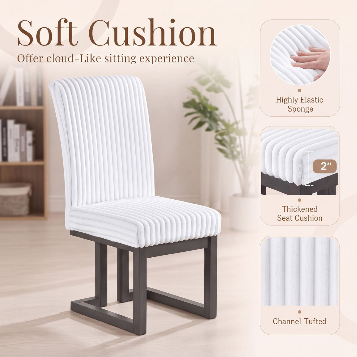 Upholstered Dining Chairs Set of 2 with Rubber Wood Legs and Padded Seat for Dining Room-White