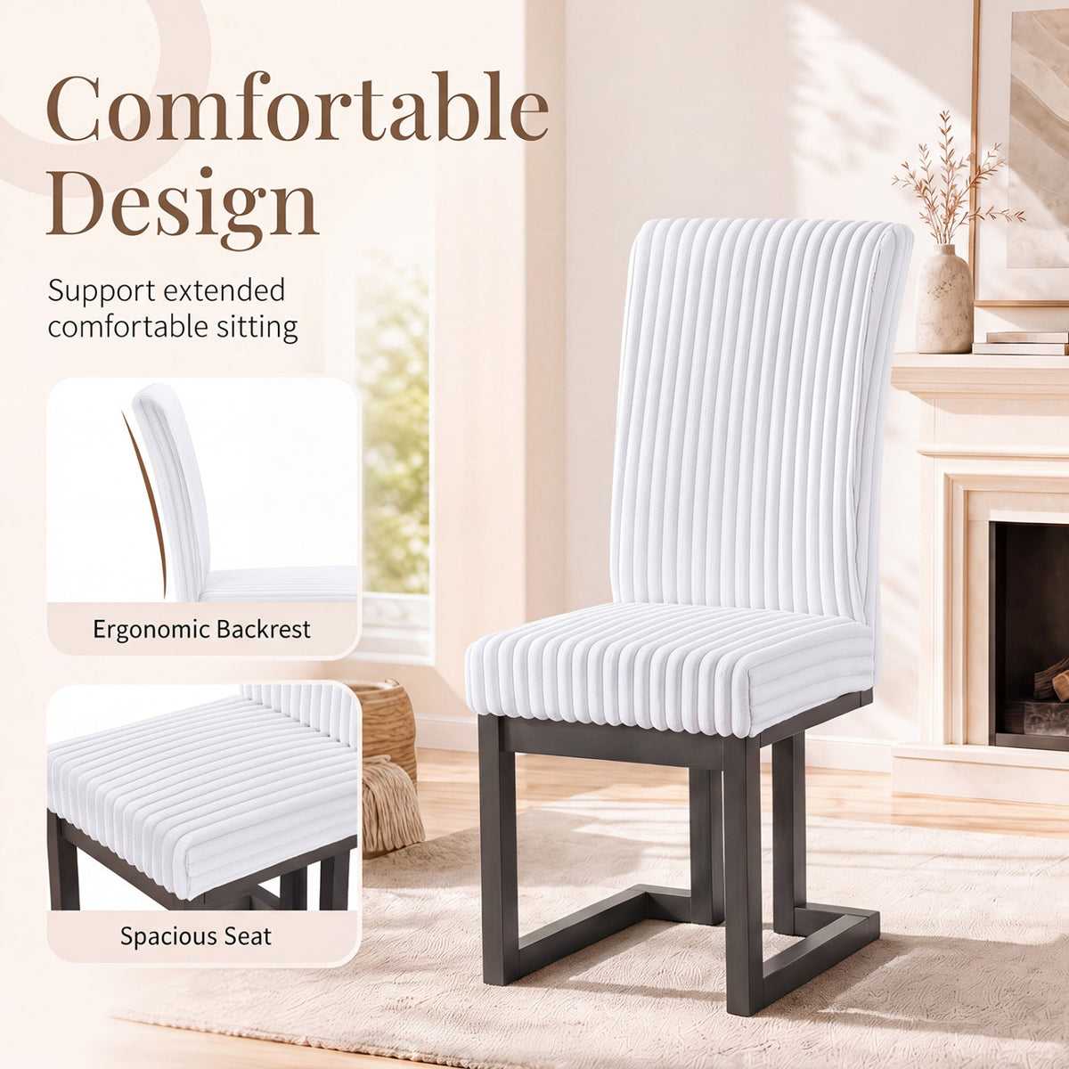 Upholstered Dining Chairs Set of 2 with Rubber Wood Legs and Padded Seat for Dining Room-White