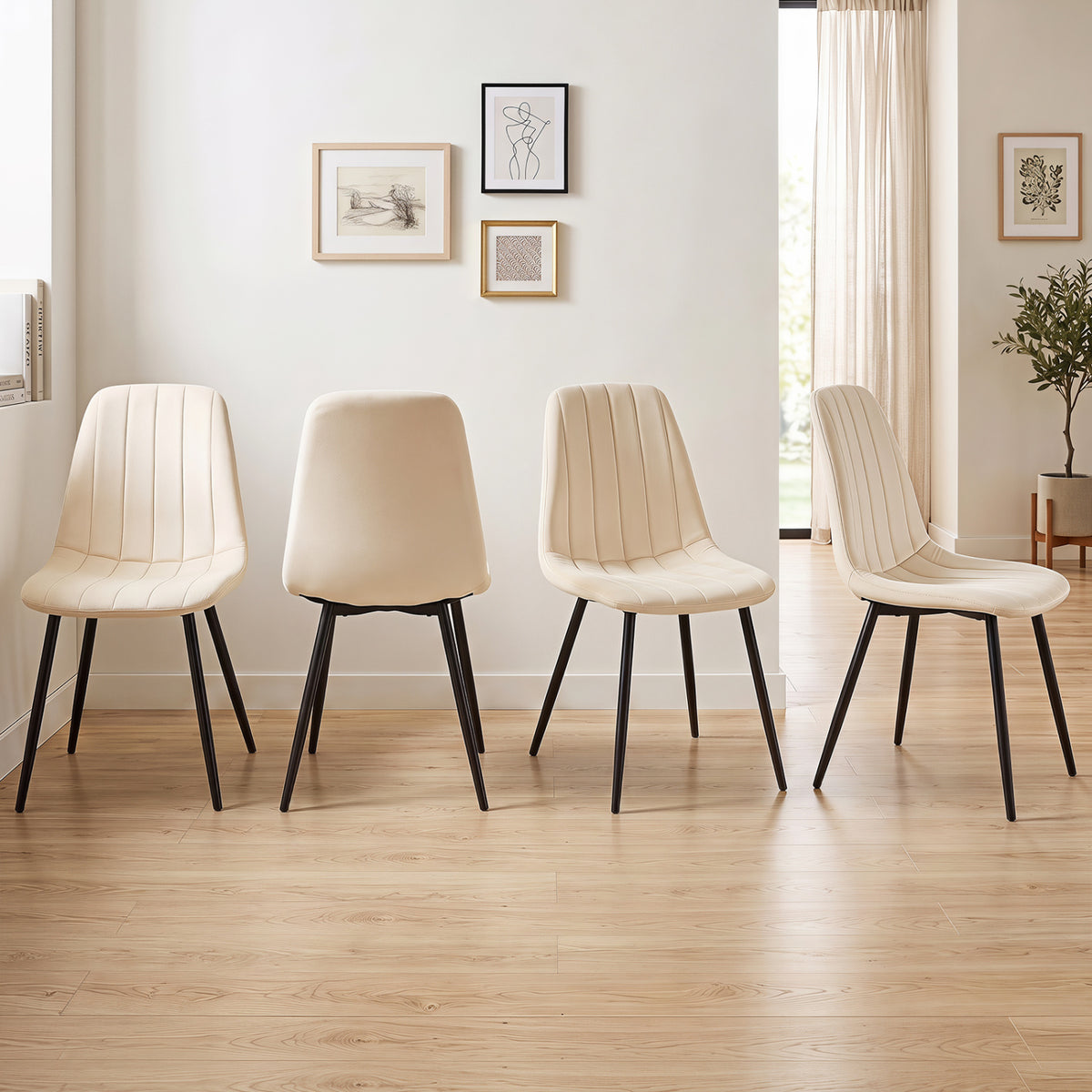 Upholstered Fabric Dining Chairs Set of 4 with Sturdy Metal Legs and Curved Backrest-Beige