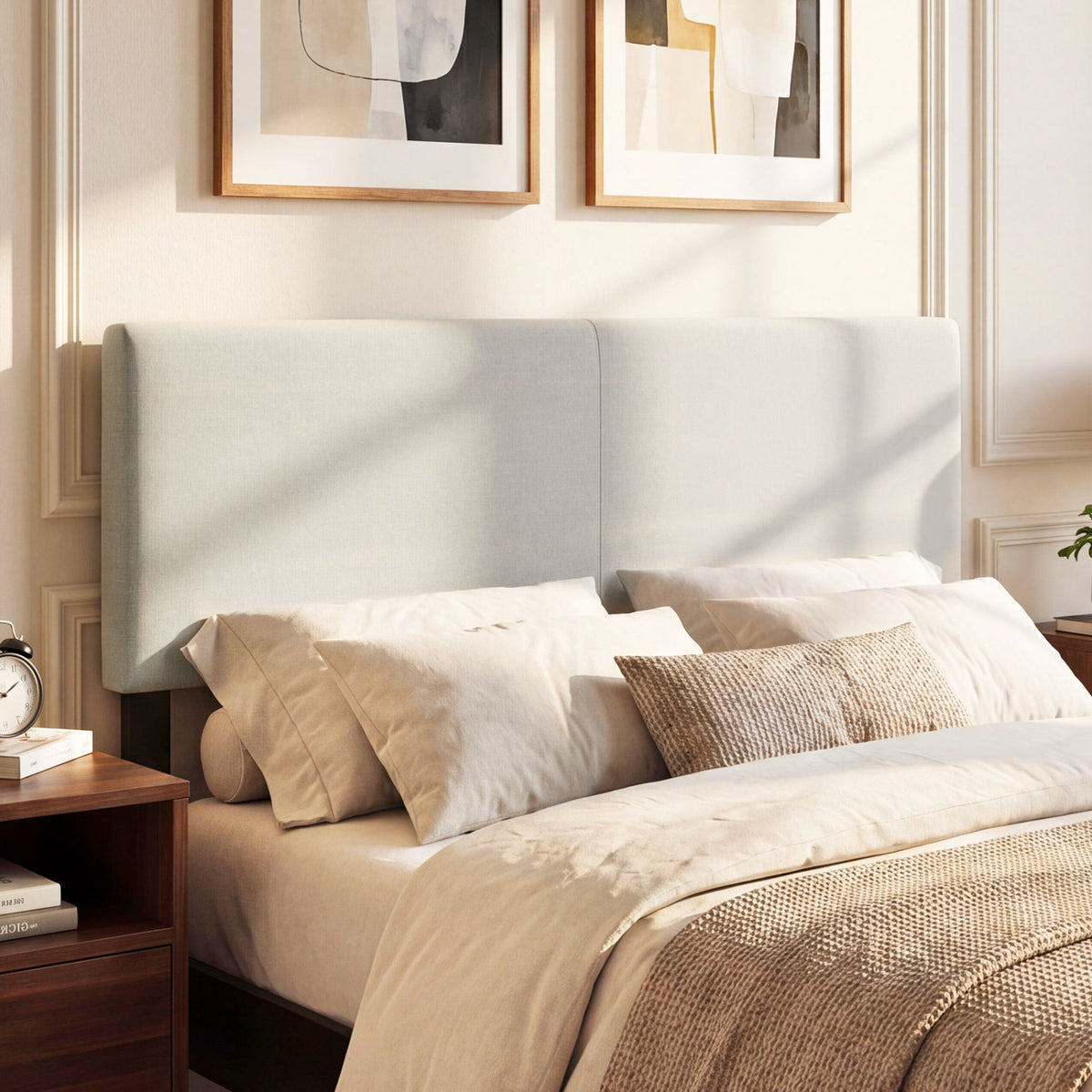 Upholstered Headboard Queen/Full Size Vertical Quilted Linen Fabric Bed Frame Mount Panel-Beige