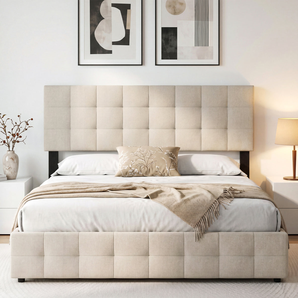 Upholstered Headboard Queen/Full Size Quilted Grid Linen Fabric Bed Frame Mount Panel-Beige