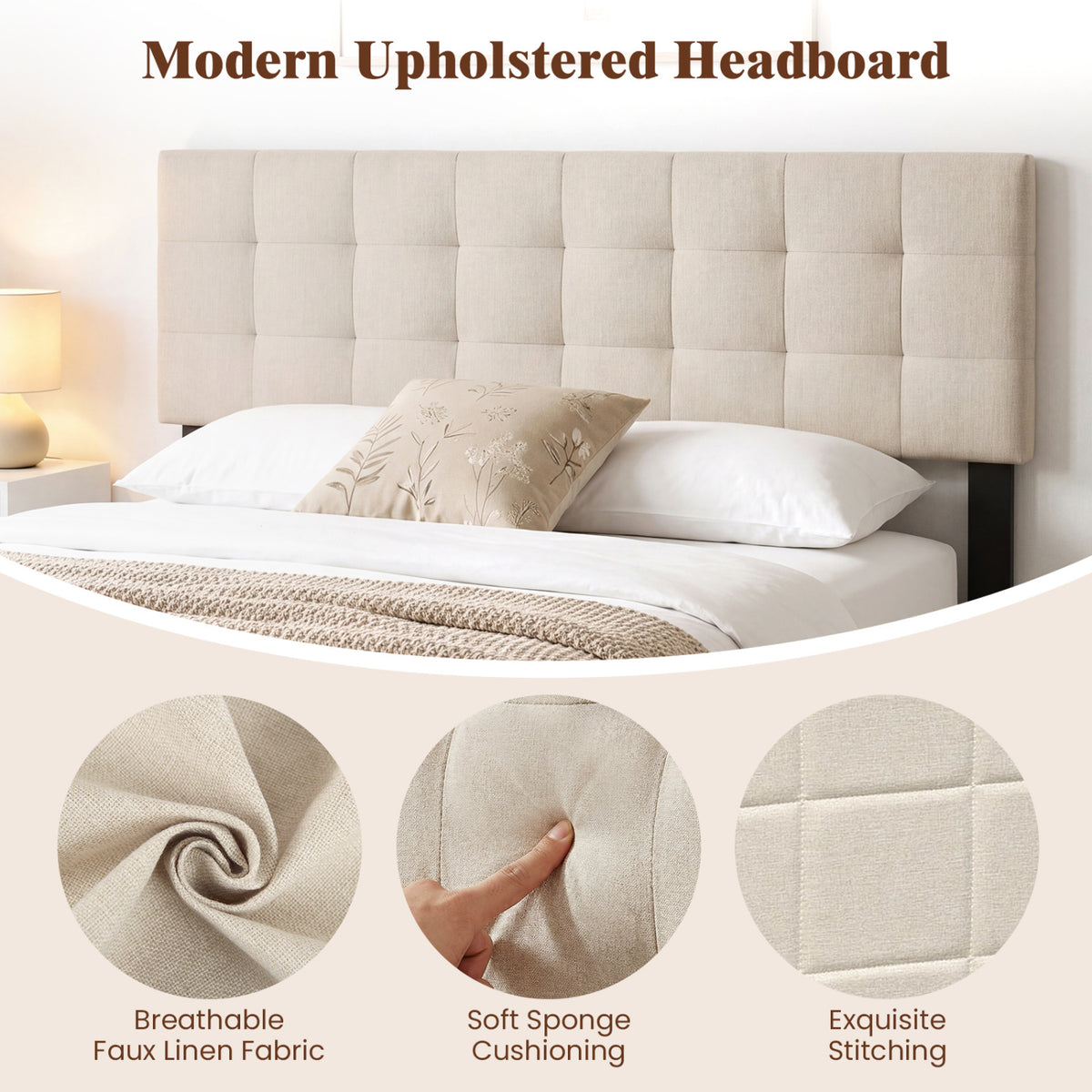 Upholstered Headboard Queen/Full Size Quilted Grid Linen Fabric Bed Frame Mount Panel-Beige