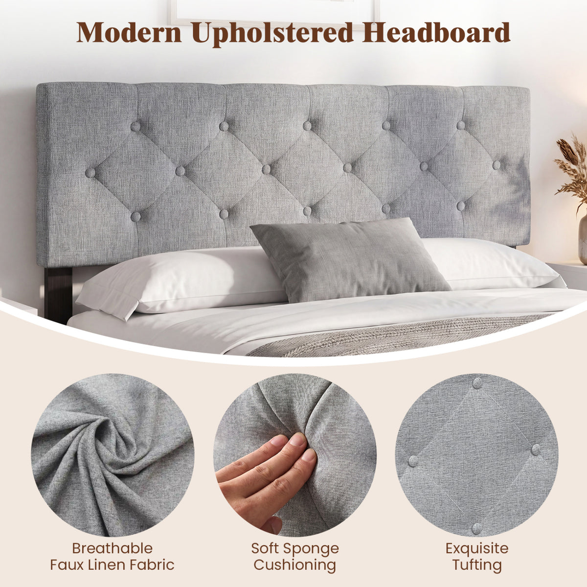 Upholstered Headboard Queen/Full Size Tufted Linen Fabric Bed Frame Mount Panel-Gray