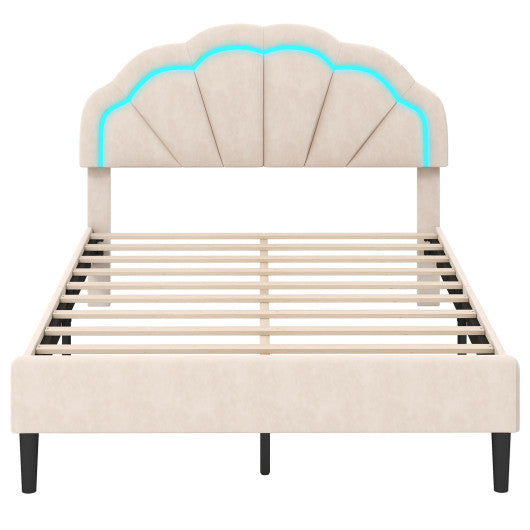 Upholstered LED Bed Frame with Adjustable Flower Headboard and Metal Support Feet-Full Size