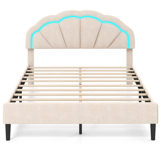 Upholstered LED Bed Frame with Adjustable Flower Headboard and Metal Support Feet-Queen Size