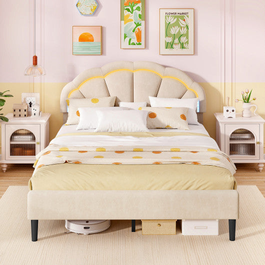 Upholstered LED Bed Frame with Adjustable Flower Headboard and Metal Support Feet-Queen Size