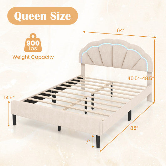 Upholstered LED Bed Frame with Adjustable Flower Headboard and Metal Support Feet-Queen Size