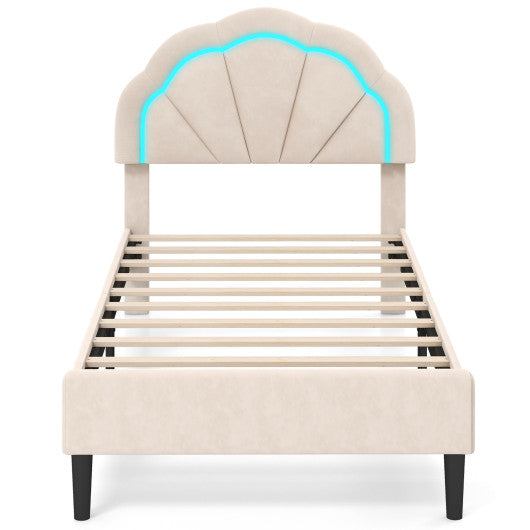 Upholstered LED Bed Frame with Adjustable Flower Headboard and Metal Support Feet-Twin Size