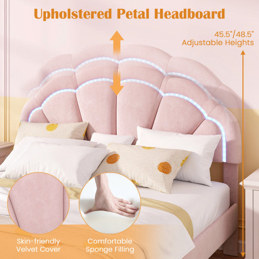 Upholstered LED Bed Frame with Adjustable Flower Headboard and Metal Support Feet Pink-Queen Size