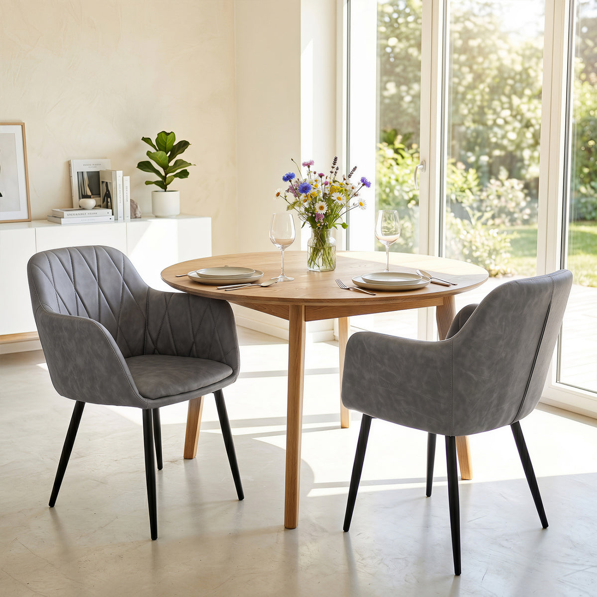 Upholstered PU Leather Kitchen Chairs Set of 2 with Curved Back and Wide Seat-Gray