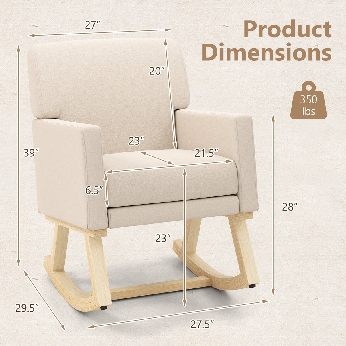 Upholstered Rocking Chair with and Solid Wood Base-Beige