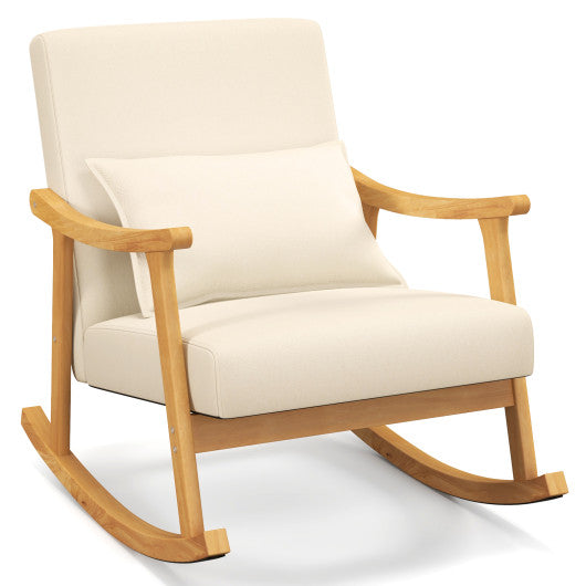 Upholstered Rocking Chair with Pillow and Rubber Wood Frame-Beige