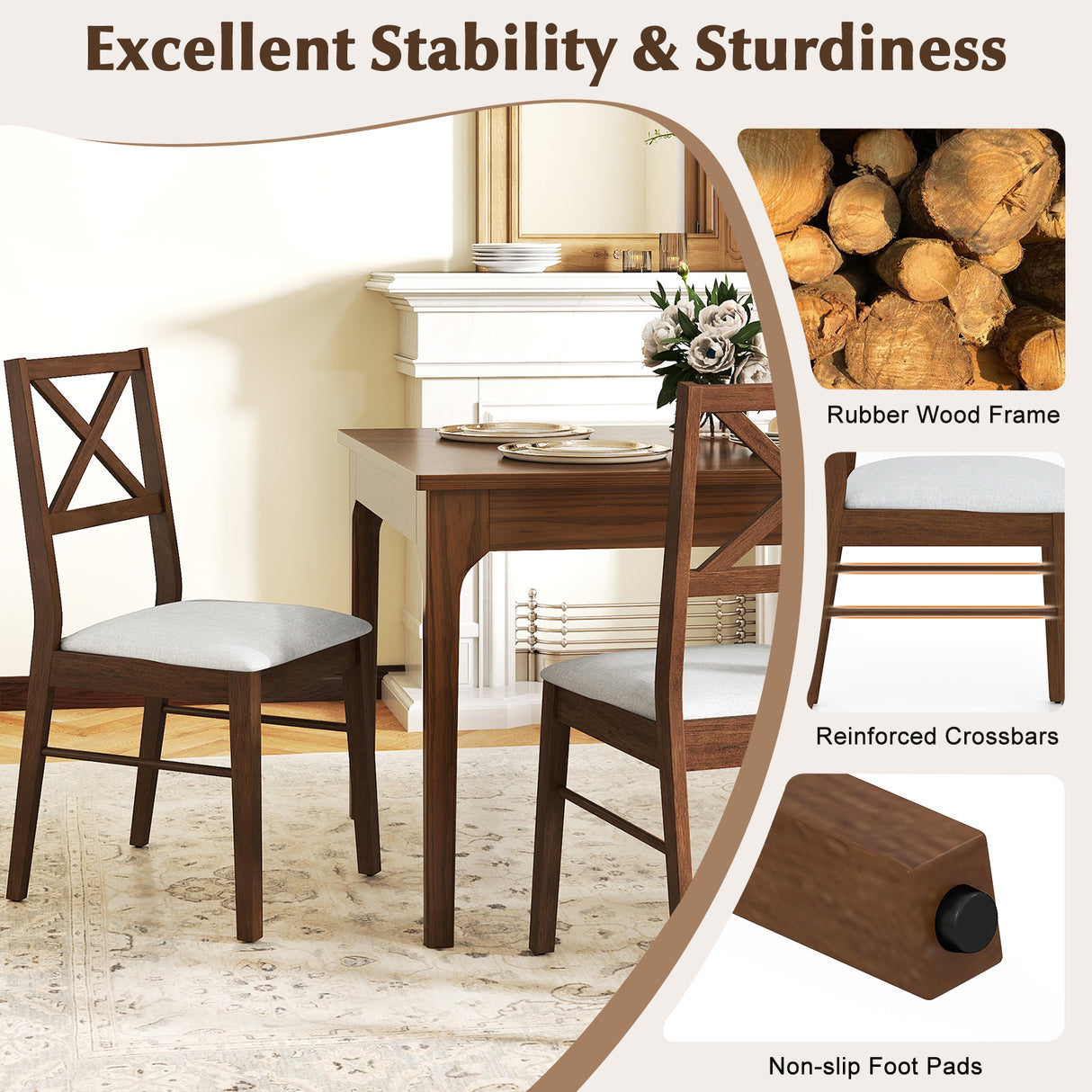 Upholstered Side Dining Chairs Set of 2 with Rubber Wood Frame-Brown