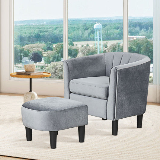 Upholstered Teddy Velvet Club Barrel Chair with Ottoman with Footrest-Gray