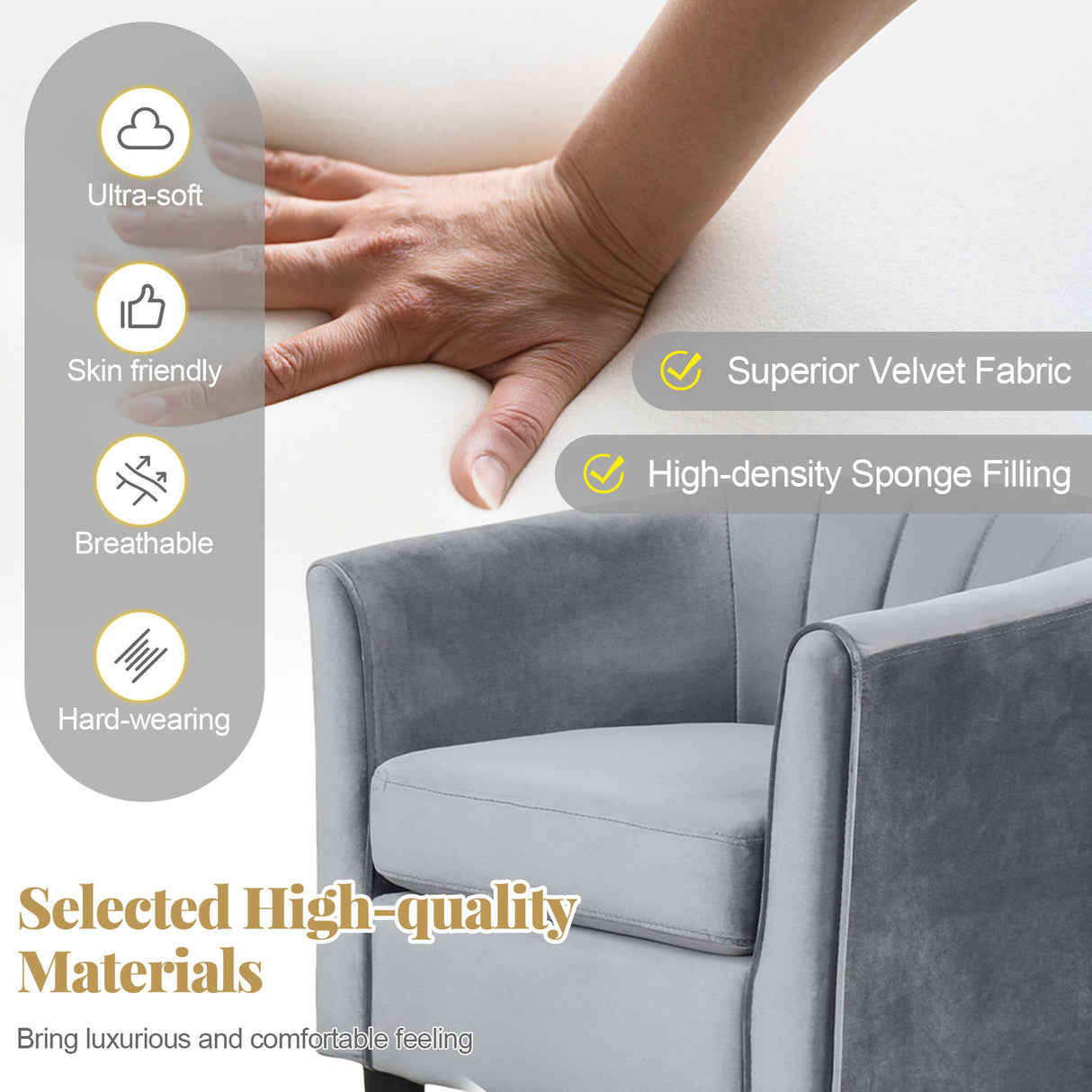 Upholstered Teddy Velvet Club Barrel Chair with Ottoman with Footrest-Gray