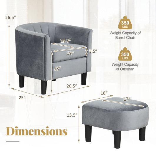 Upholstered Teddy Velvet Club Barrel Chair with Ottoman with Footrest-Gray