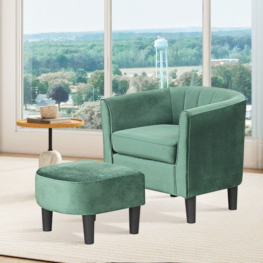 Upholstered Teddy Velvet Club Barrel Chair with Ottoman with Footrest-Green