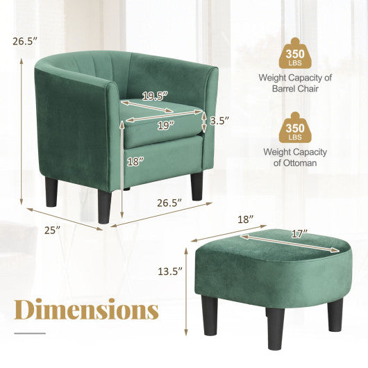 Upholstered Teddy Velvet Club Barrel Chair with Ottoman with Footrest-Green