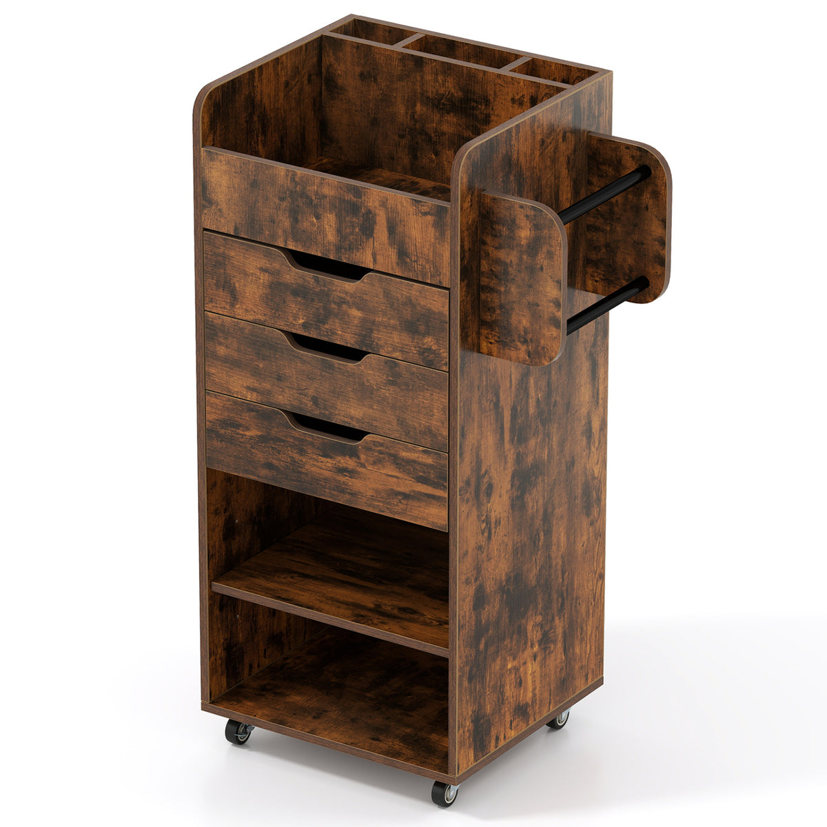 Utility Trolley with Open Shelves and 3 Drawers-Rustic Brown