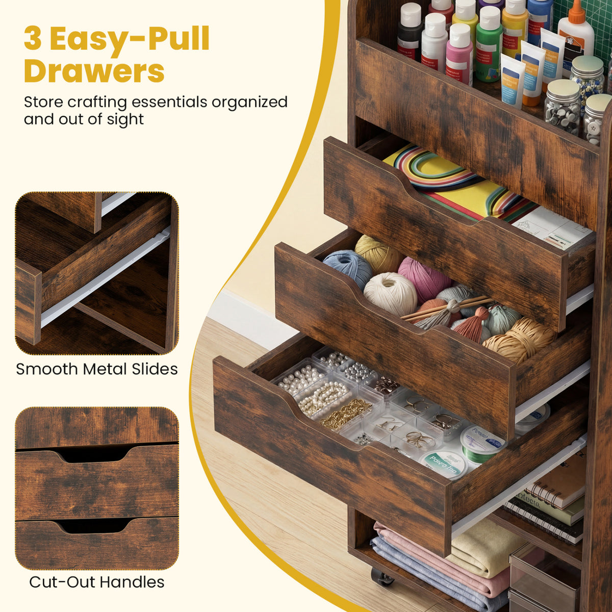 Utility Trolley with Open Shelves and 3 Drawers-Rustic Brown