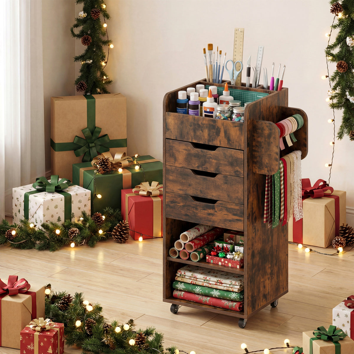 Utility Trolley with Open Shelves and 3 Drawers-Rustic Brown