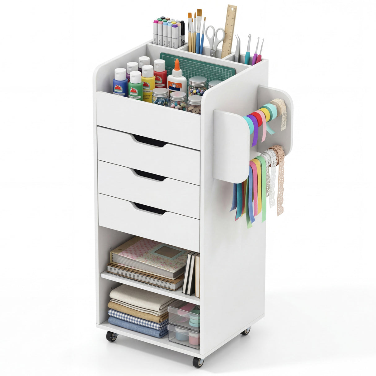 Utility Trolley with Open Shelves and 3 Drawers-White