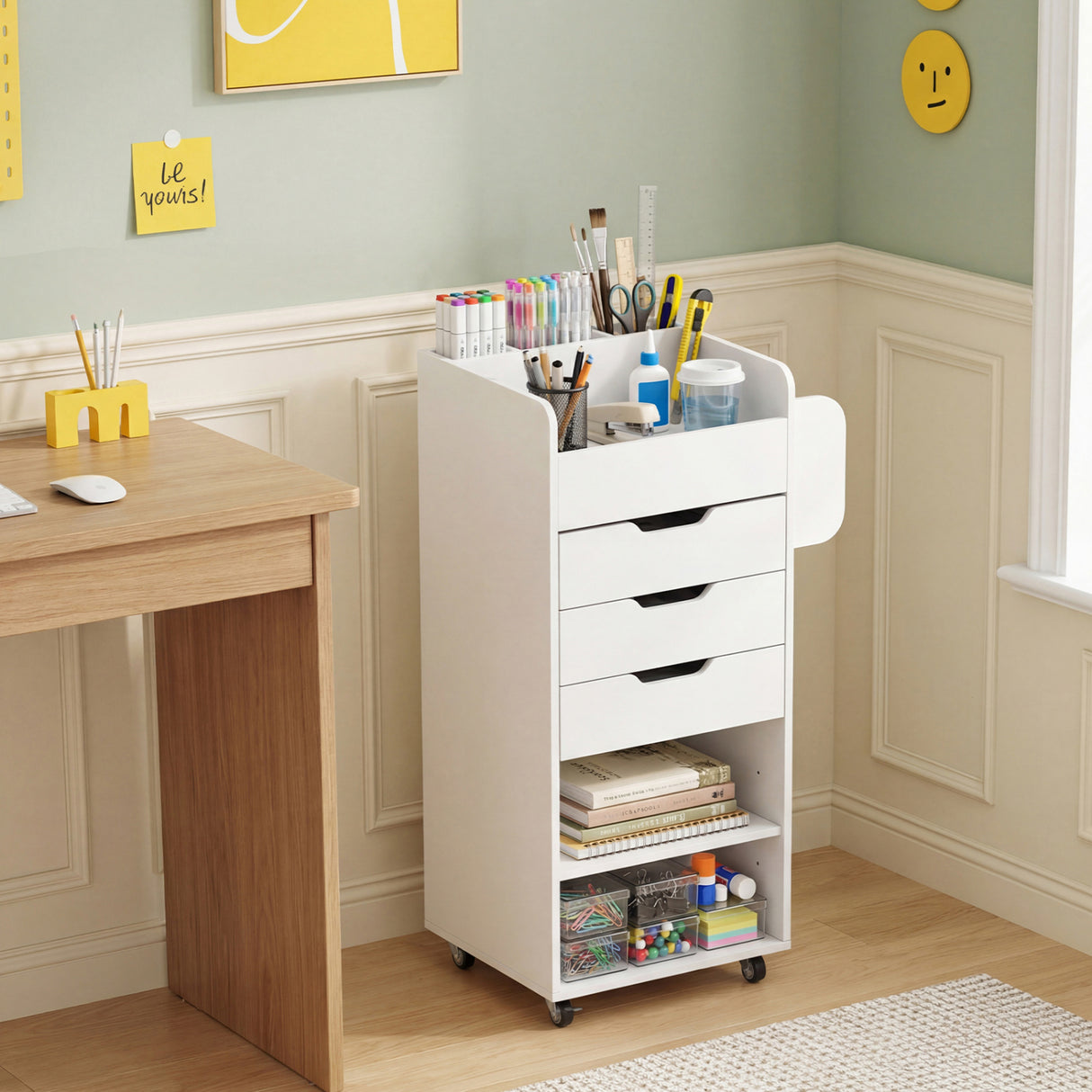 Utility Trolley with Open Shelves and 3 Drawers-White