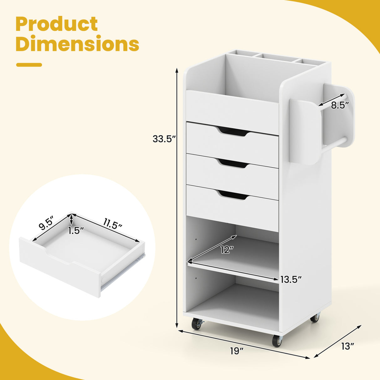 Utility Trolley with Open Shelves and 3 Drawers-White