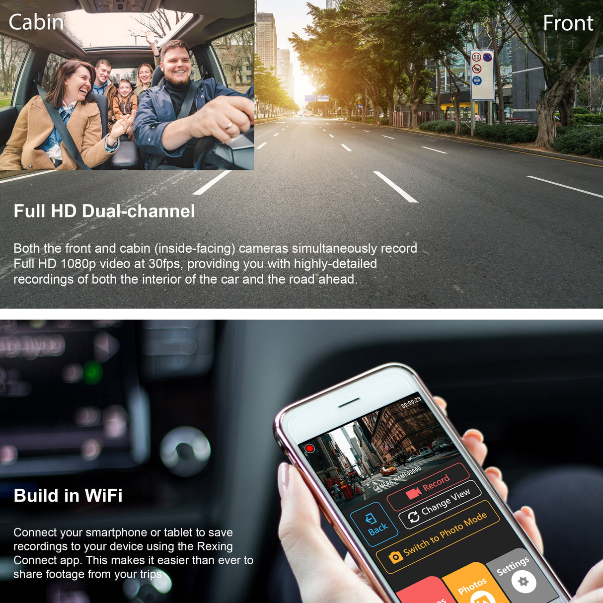 Rexing V3C Dual Camera Front and Inside Cabin Full HD 1080p Dash Cam with WiFi (Open Box)