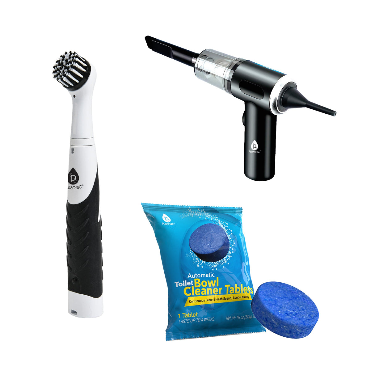 Pursonic Complete Cleaning Bundle – 2-in-1 Mini Wireless Vacuum & Air Duster + Cordless Power Scrubber Brush + Automatic Toilet Bowl Cleaner Tablets by Pursonic